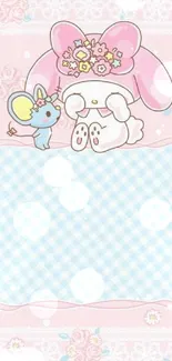 Cute pastel cartoon wallpaper with flowers and characters.