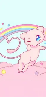 Cute pastel cartoon character on clouds with rainbow.