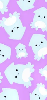 Cute pastel cartoon characters on purple background.