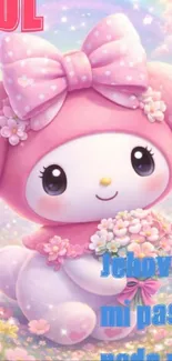 Cute pastel cartoon character in pink with flowers.