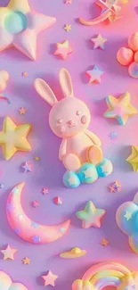 Cute pastel cartoon wallpaper with bunnies, stars, and soft colors.