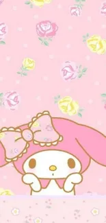 Adorable pastel bunny on pink floral wallpaper.