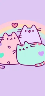 Cute pastel cat trio with rainbow and heart design on a lavender background.