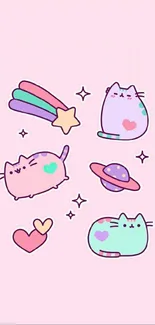 Adorable pastel pink wallpaper with cute cats and stars.