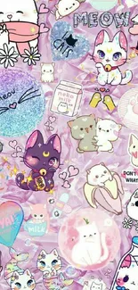 Cute pastel cat wallpaper with illustrations on a pink background.