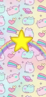 Cute pastel wallpaper with cats and rainbows.