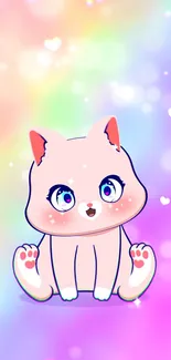 Cute pastel animated cat with hearts on a colorful background.