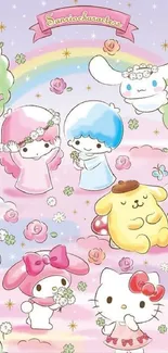 Adorable pastel wallpaper with cute characters and a rainbow background.