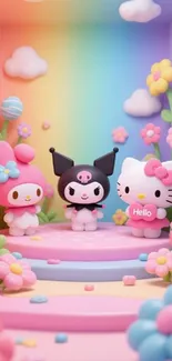 Cute pastel characters amidst colorful flowers and rainbows.