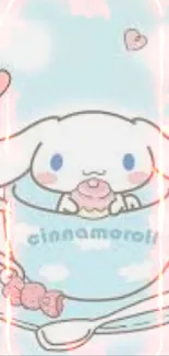 Cinnamoroll in a pastel cup with hearts, mobile wallpaper.