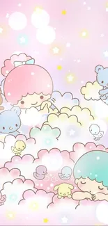 Cute pastel clouds and characters mobile wallpaper.