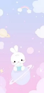 Cute bunny on pastel planet with clouds and stars in a cosmic theme.