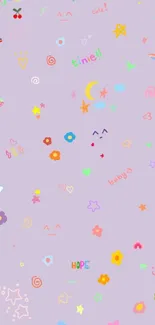 Cute pastel doodle wallpaper with colorful icons and symbols.