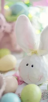 Adorable pastel Easter bunny with decorated eggs in soft hues.