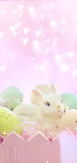 Pastel Easter wallpaper with bunny and eggs.