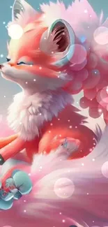 Whimsical pastel fox with flowers and clouds.