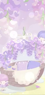 Cute pastel fantasy wallpaper with floral elements.