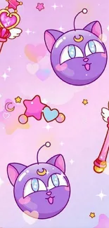 Cute pastel fantasy wallpaper with purple cats and magic wands.