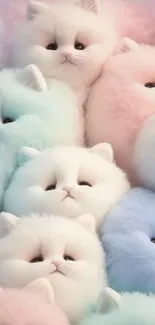 Cute pastel fluffy cats grouped together in a charming mobile wallpaper.