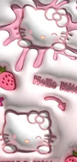 Cute pastel Hello Kitty mobile wallpaper with strawberries and splashes.