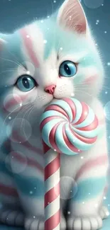 Cute pastel kitten with lollipop mobile wallpaper.