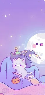 Cute kitty witch under a lavender night sky with a smiling moon.