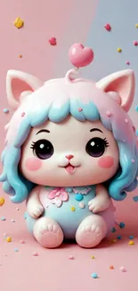 Cute pastel wallpaper of a chibi kitty with heart confetti.