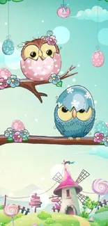 Cute owl cartoon wallpaper with pastel colors and fantasy landscape.