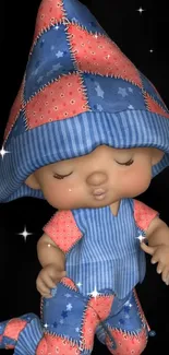 Cute patchwork doll in blue and red hat against black background.