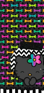 Cute cartoon kitty with colorful bow tie pattern on phone wallpaper.