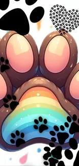 Illustrated cute paw with rainbow and black paw prints.