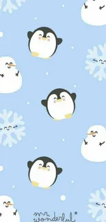 Cute penguin and snowman wallpaper on light blue background.