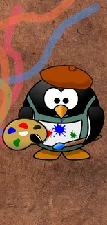 Cute penguin artist with colorful palette on a brown textured background.