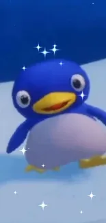 Cute cartoon penguin with stars on a blue and snowy background.