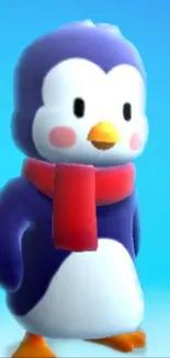 Cute cartoon penguin with red scarf and blue background.