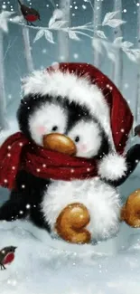 Christmas penguin wallpaper with red scarf in snowy forest.