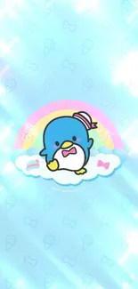 Cute cartoon penguin on a cloud with rainbow on light blue background.