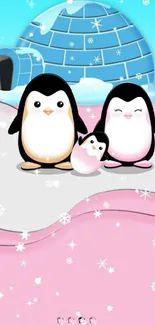 Cute penguin family with igloo background in pink snow.