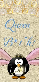 Whimsical penguin with tiara and fairy wings on textured gold background.