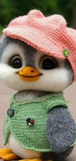 Cute penguin wearing a pink hat and green vest, standing outdoors.