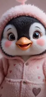 Adorable cartoon penguin in a pink hoodie.