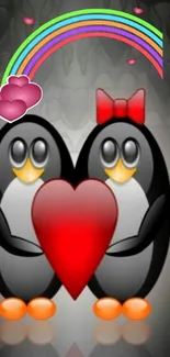 Cute penguin couple with heart and rainbow on wallpaper.