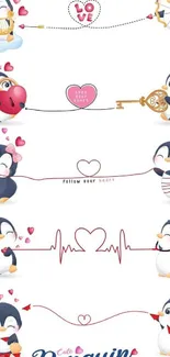 Cute penguins with heart-themed designs, perfect for a love-themed mobile wallpaper.