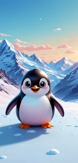 Cute animated penguin on snow with mountains.