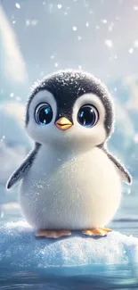 Cute penguin standing on ice in snowy landscape.