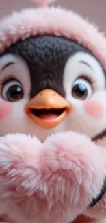 Cute penguin plush in pink outfit, smiling warmly.