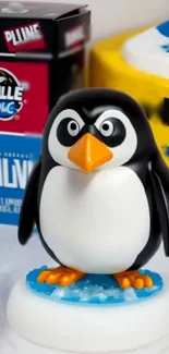 Cute penguin toy with colorful background.