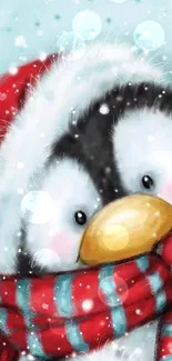 Cute penguin in a red and blue scarf with a Santa hat against a snowy background.