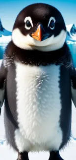 Adorable penguin in an icy landscape with snowy mountains.