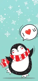 Cute penguin in red scarf with snowflakes on a light aqua background.